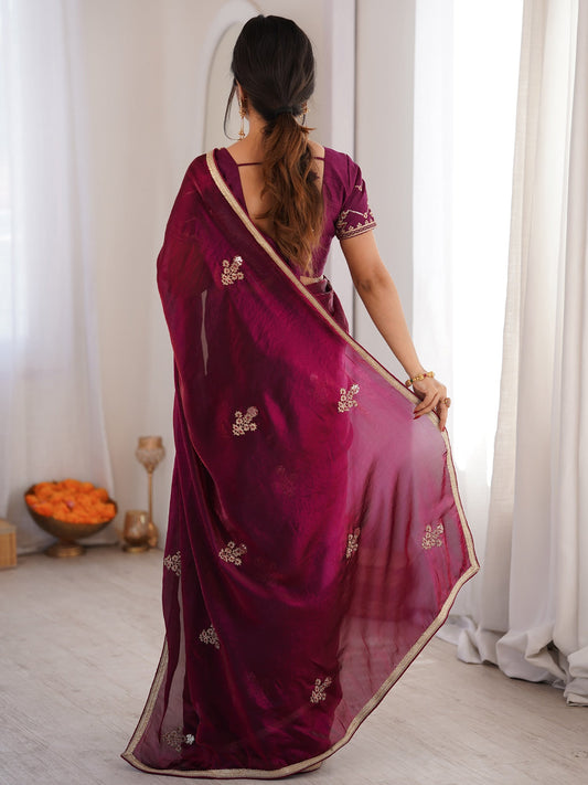 Wine Organza Silk Blend Saree - Ressa