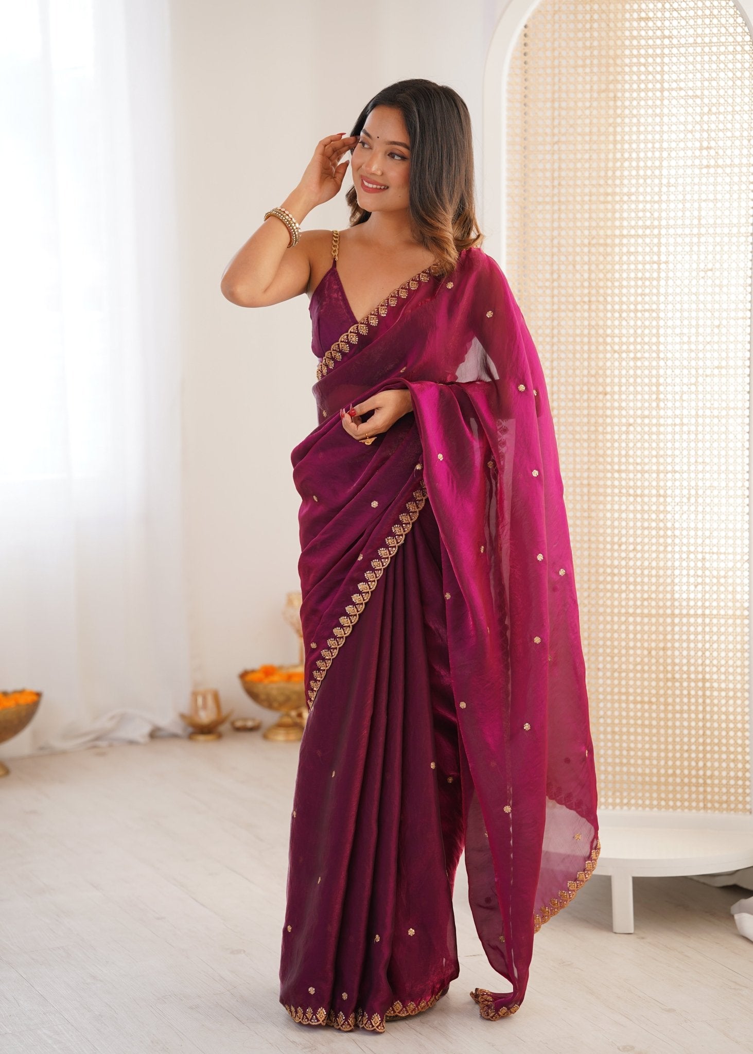 Wine Paper Silk Saree with Gold Embroidered Border - Ressa