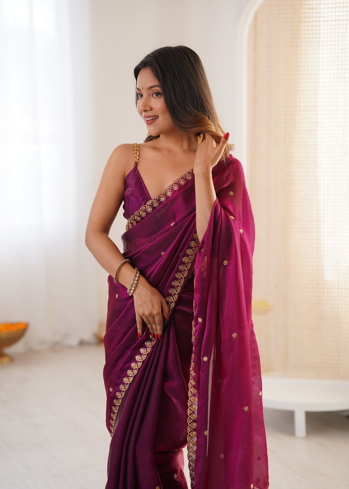 Wine Paper Silk Saree with Gold Embroidered Border - Ressa