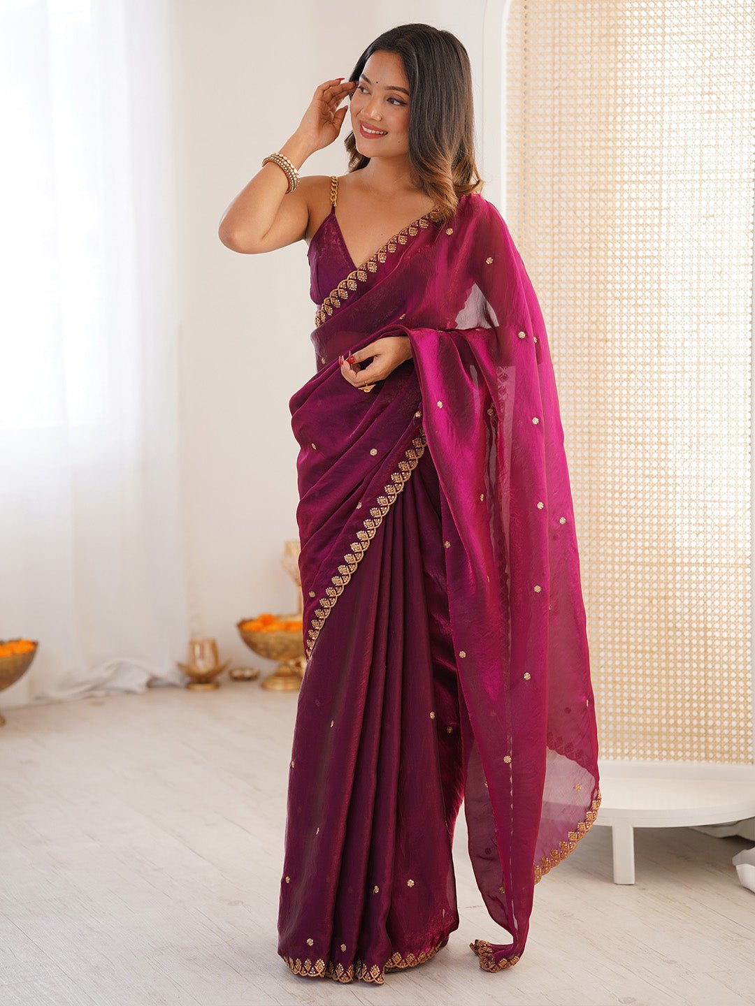 Wine Paper Silk Saree with Gold Embroidered Border - Ressa