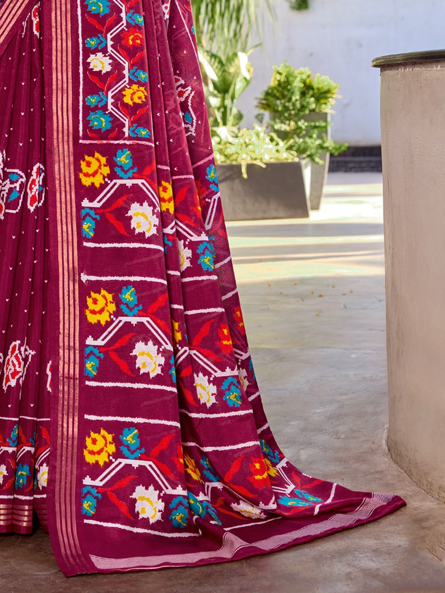 Wine Patola Printed Cotton Silk Saree - Ressa