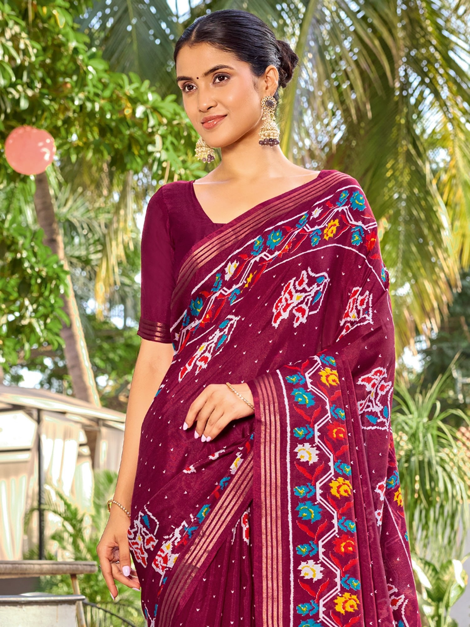 Wine Patola Printed Cotton Silk Saree - Ressa