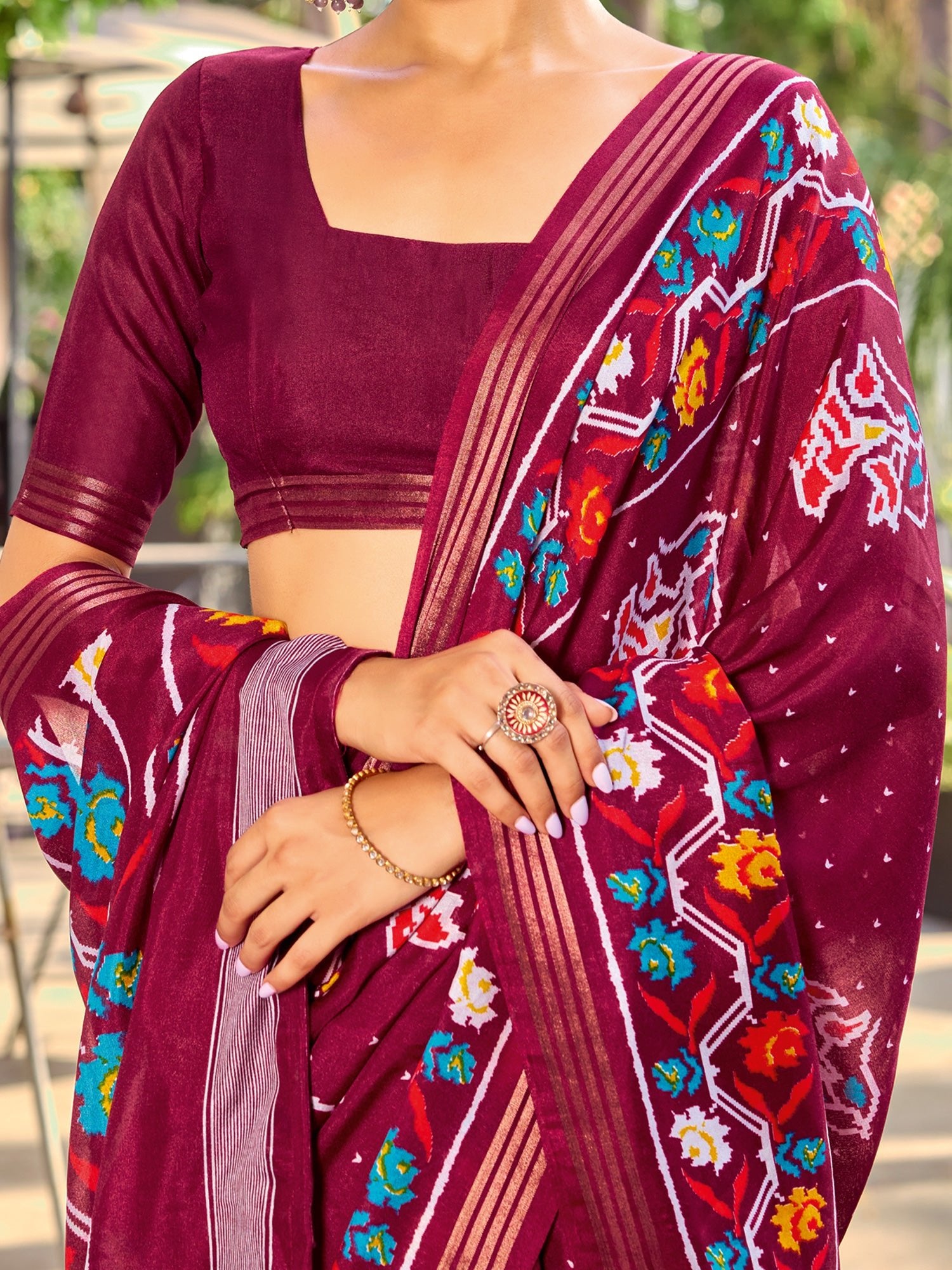 Wine Patola Printed Cotton Silk Saree - Ressa