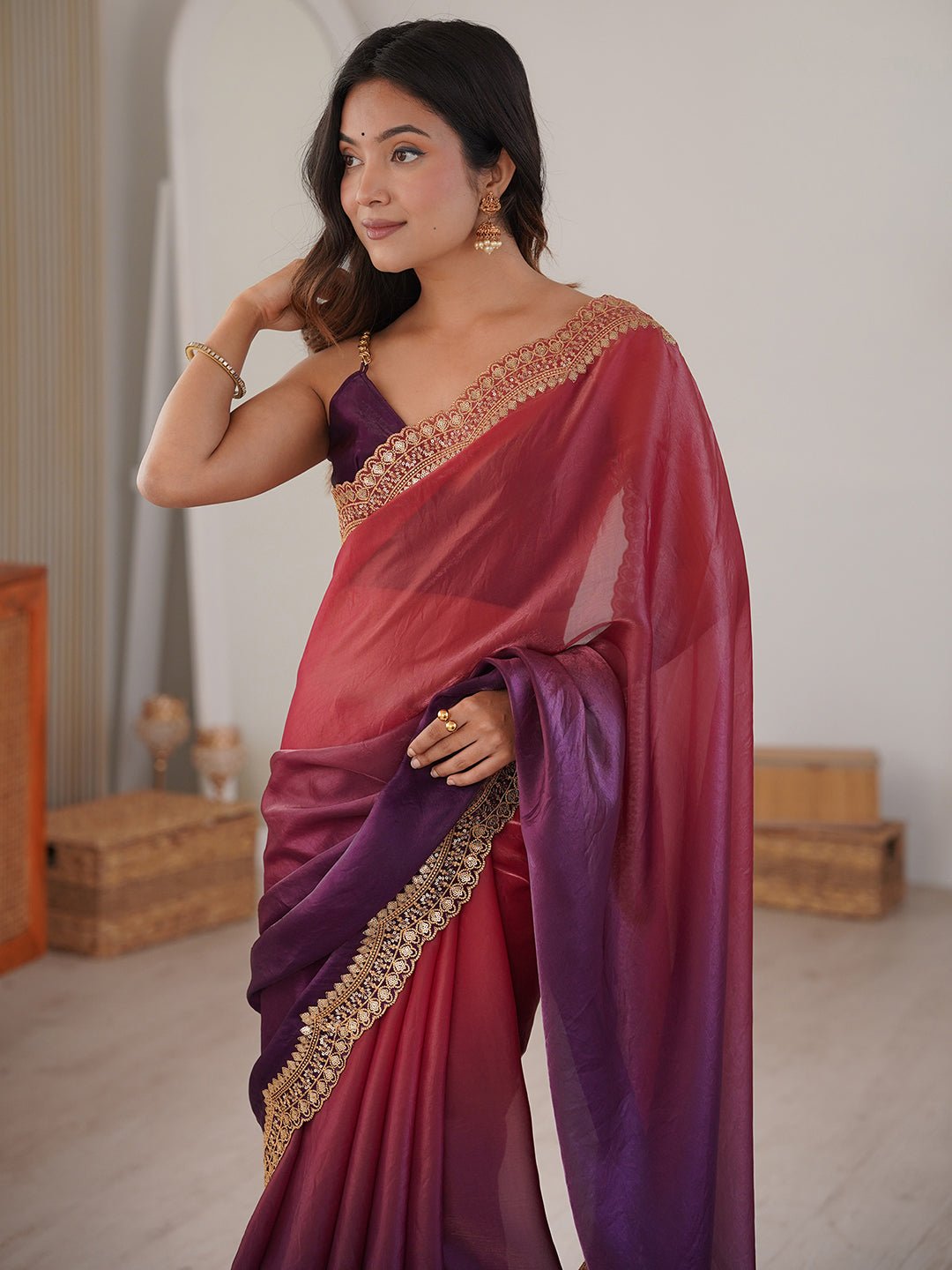 Wine & Pink Ombre Satin Saree - Ressa