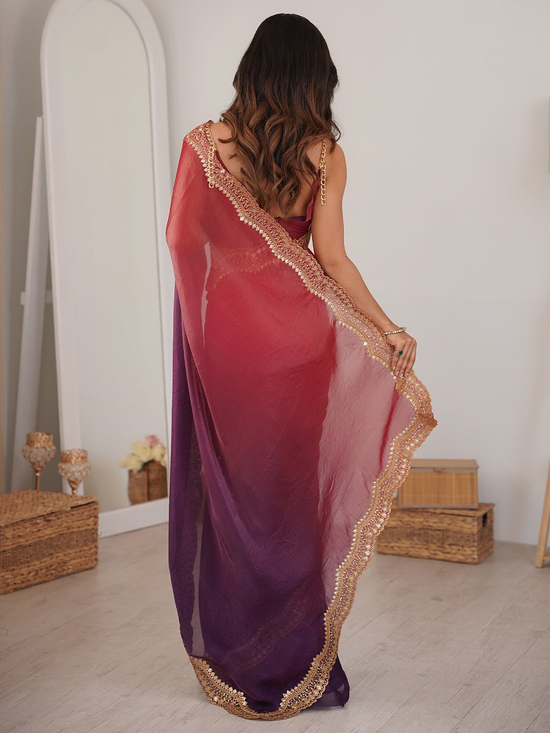 Wine & Pink Ombre Satin Saree - Ressa