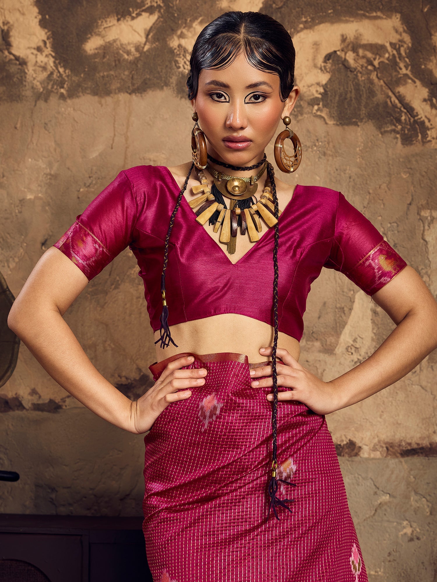 Wine Pink Patola Print Silk Saree with Zari Self-Check Work - Ressa