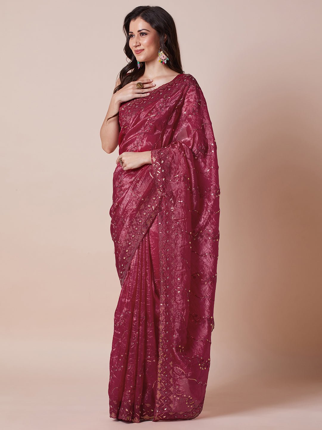Wine Polyester Embroidered Border Modern Aesthetic Saree - Ressa