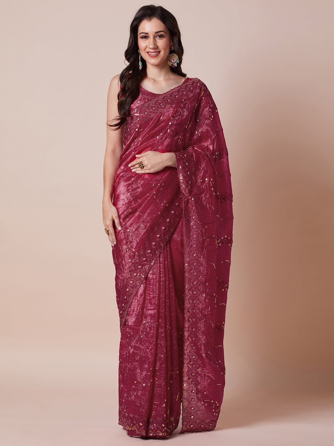 Wine Polyester Embroidered Border Modern Aesthetic Saree - Ressa