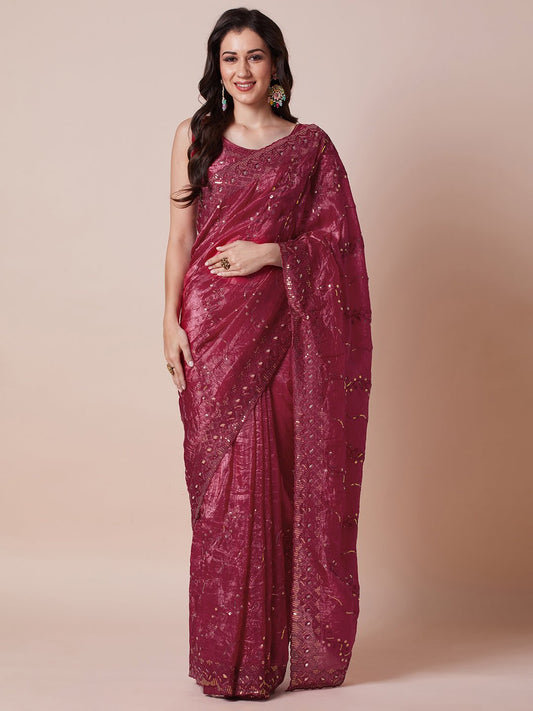 Wine Polyester Embroidered Border Modern Aesthetic Saree - Ressa