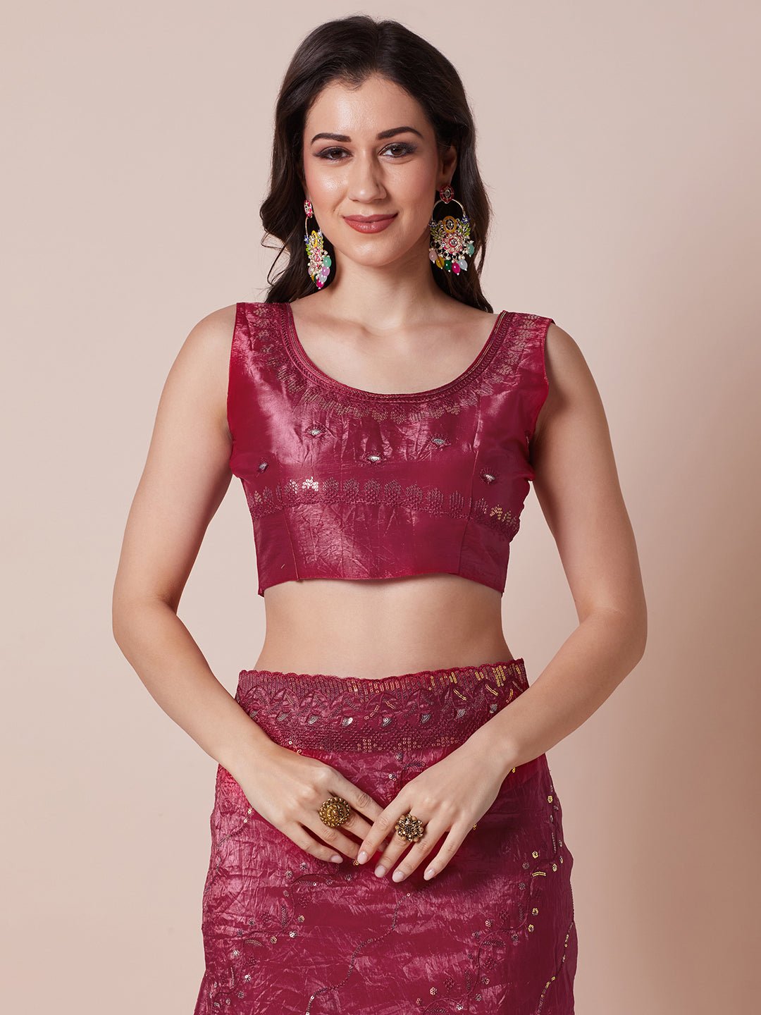 Wine Polyester Embroidered Border Modern Aesthetic Saree - Ressa
