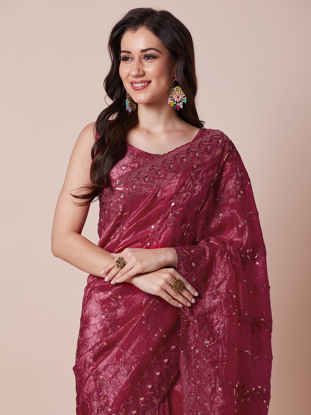 Wine Polyester Embroidered Border Modern Aesthetic Saree - Ressa