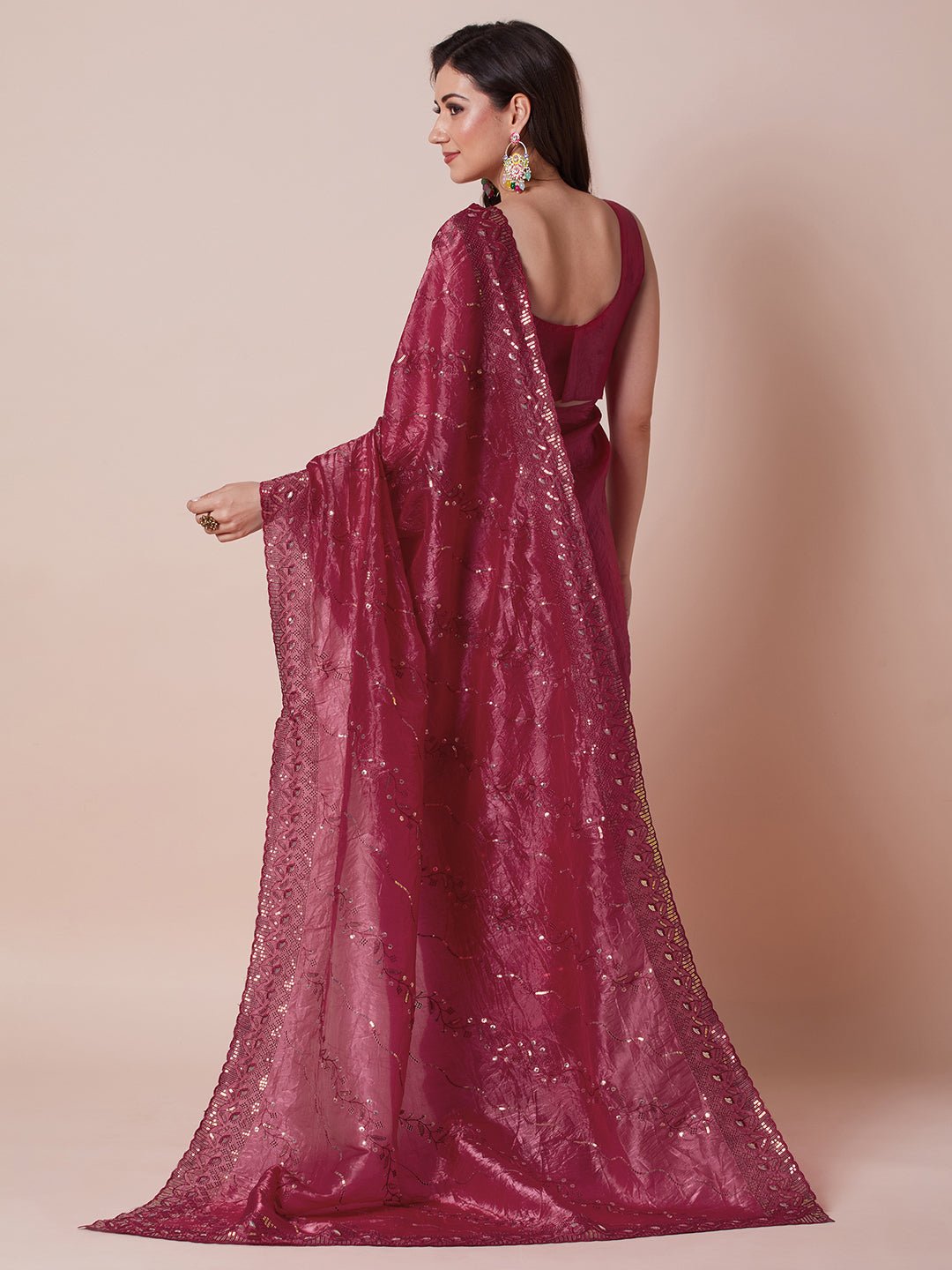 Wine Polyester Embroidered Border Modern Aesthetic Saree - Ressa
