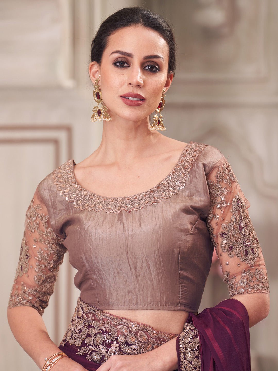 Wine Polyester Embroidered Border Modern Saree - Ressa