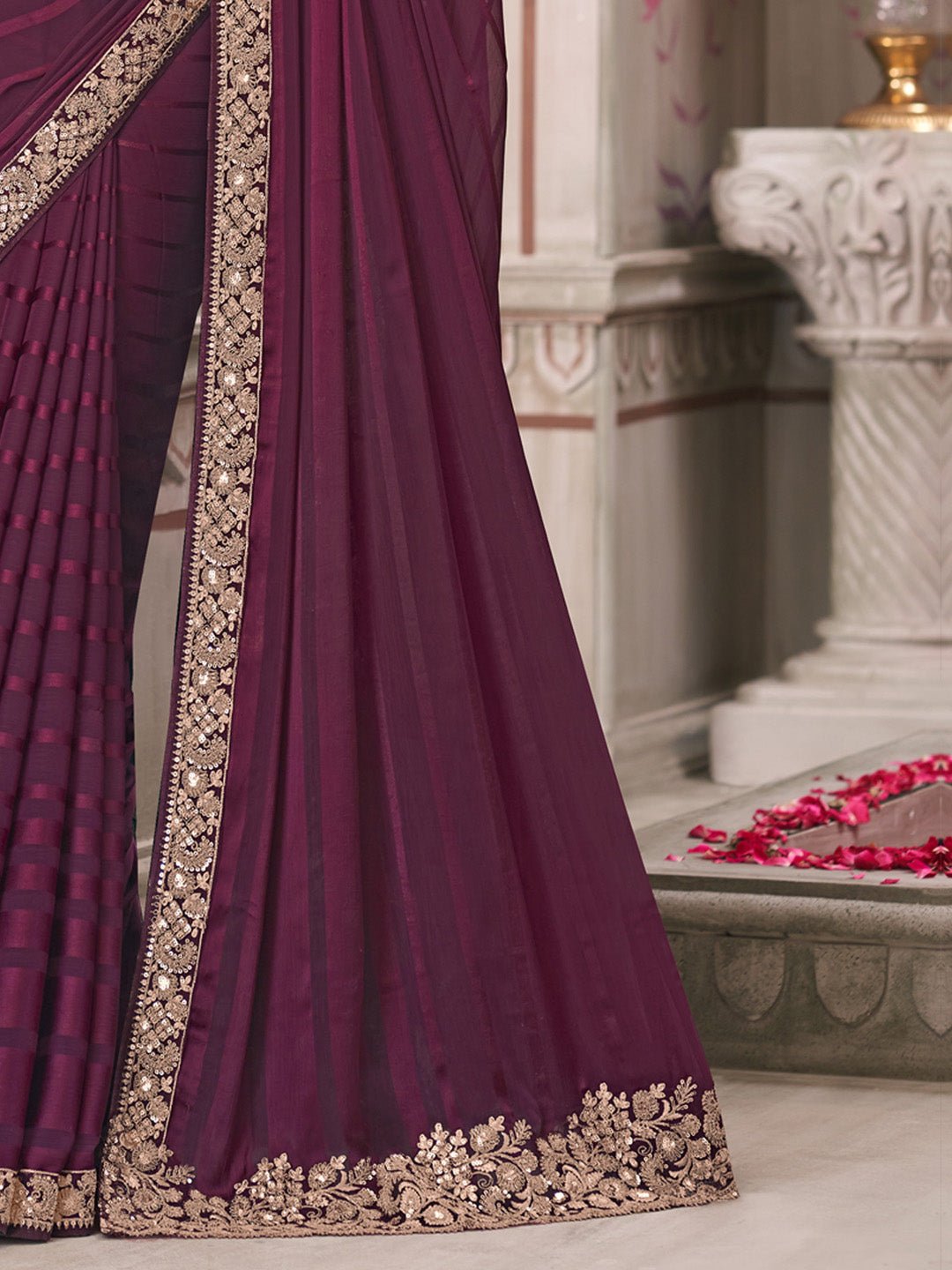 Wine Polyester Embroidered Border Modern Saree - Ressa
