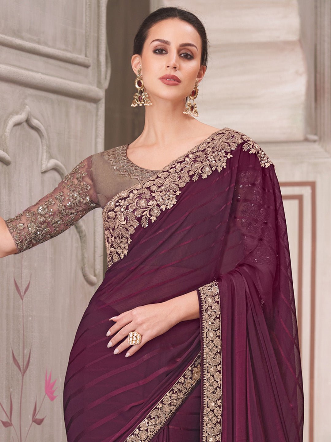 Wine Polyester Embroidered Border Modern Saree - Ressa