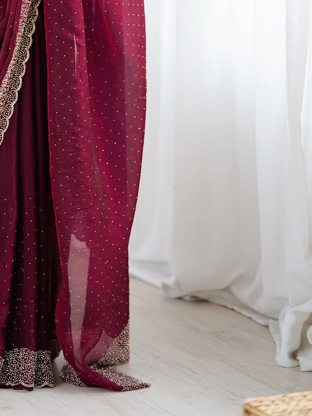 Wine Polyester Sequin Embroidered Saree - Ressa