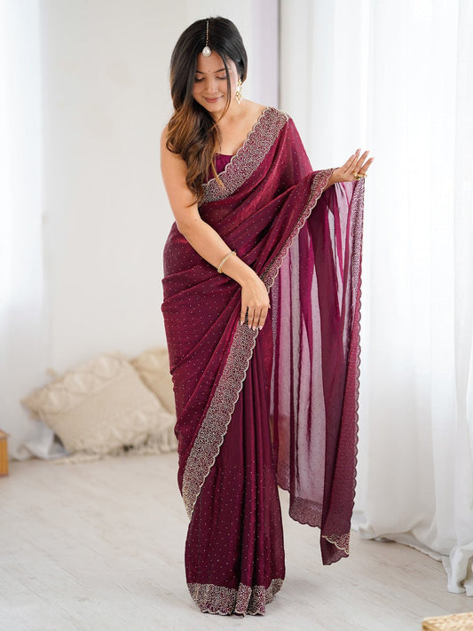 Wine Polyester Sequin Embroidered Saree - Ressa