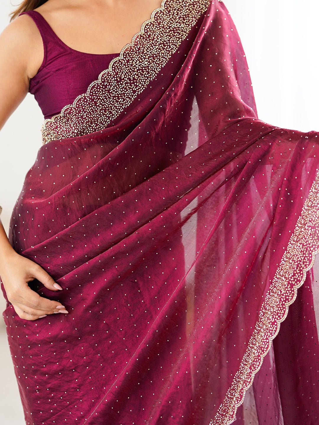 Wine Polyester Sequin Embroidered Saree - Ressa