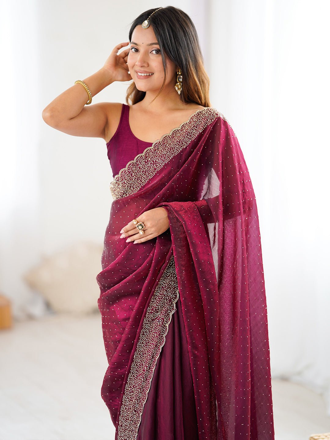 Wine Polyester Sequin Embroidered Saree - Ressa