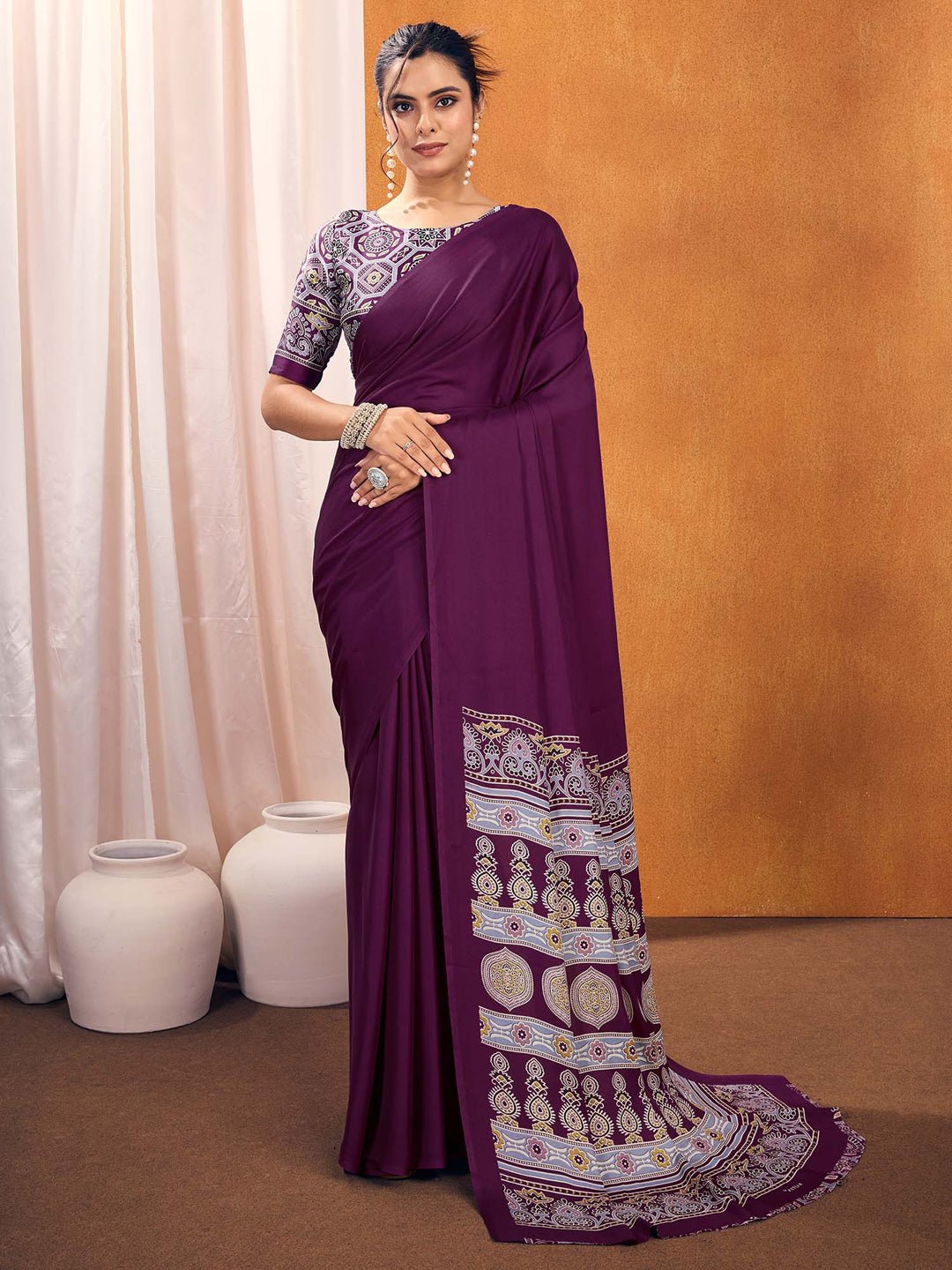 Wine Print Satin Silk Saree - Ressa