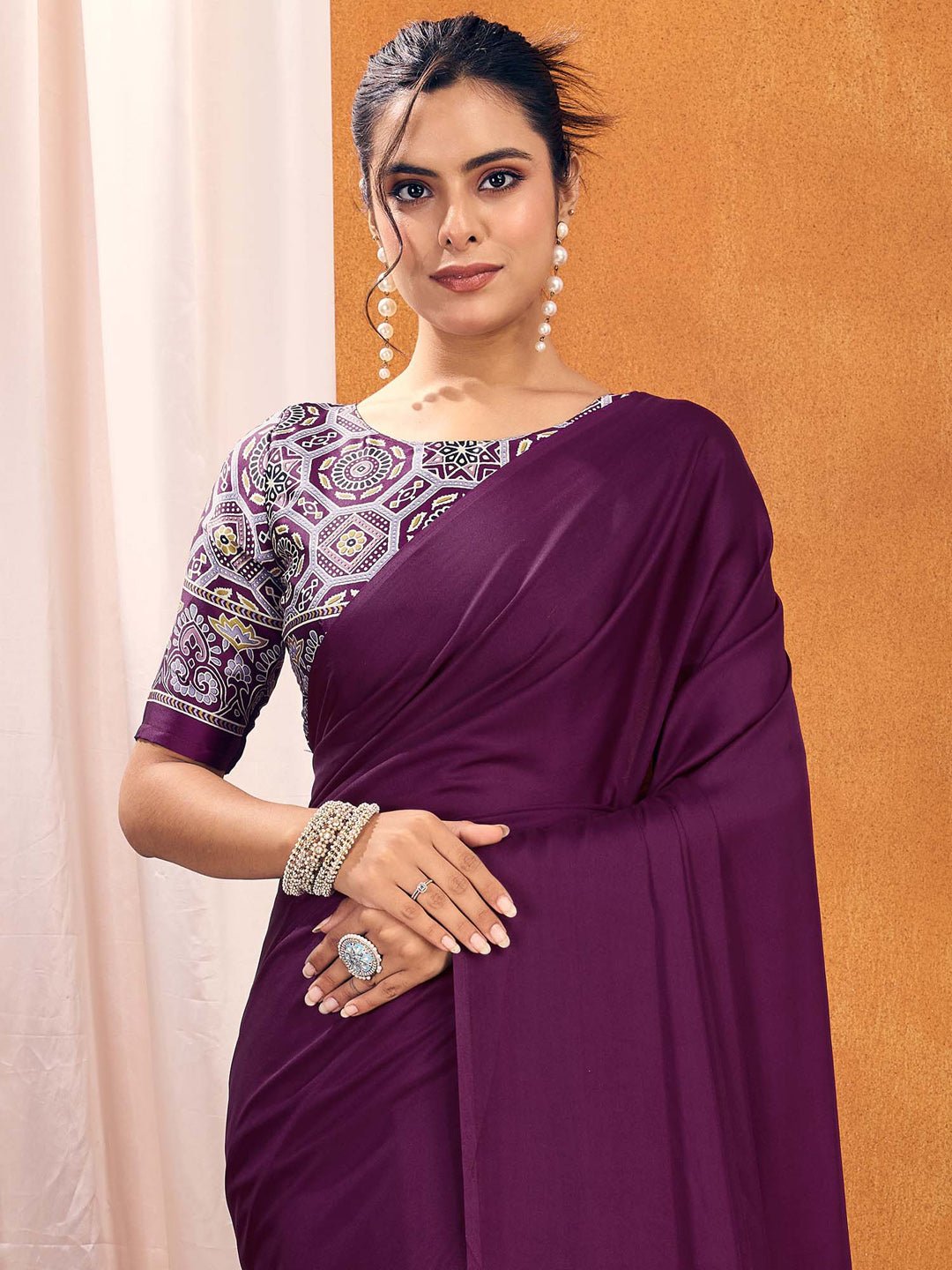 Wine Print Satin Silk Saree - Ressa