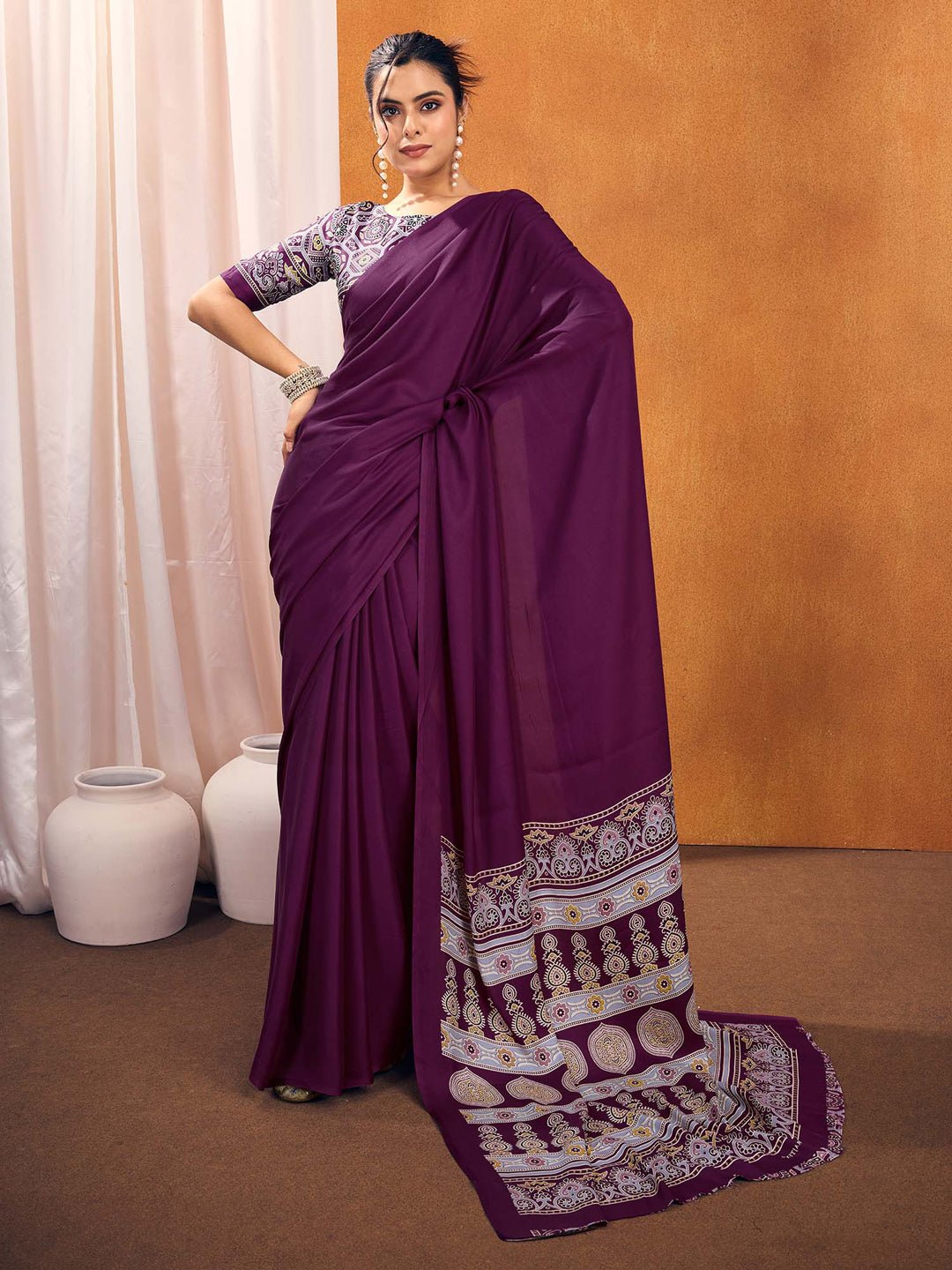 Wine Print Satin Silk Saree - Ressa