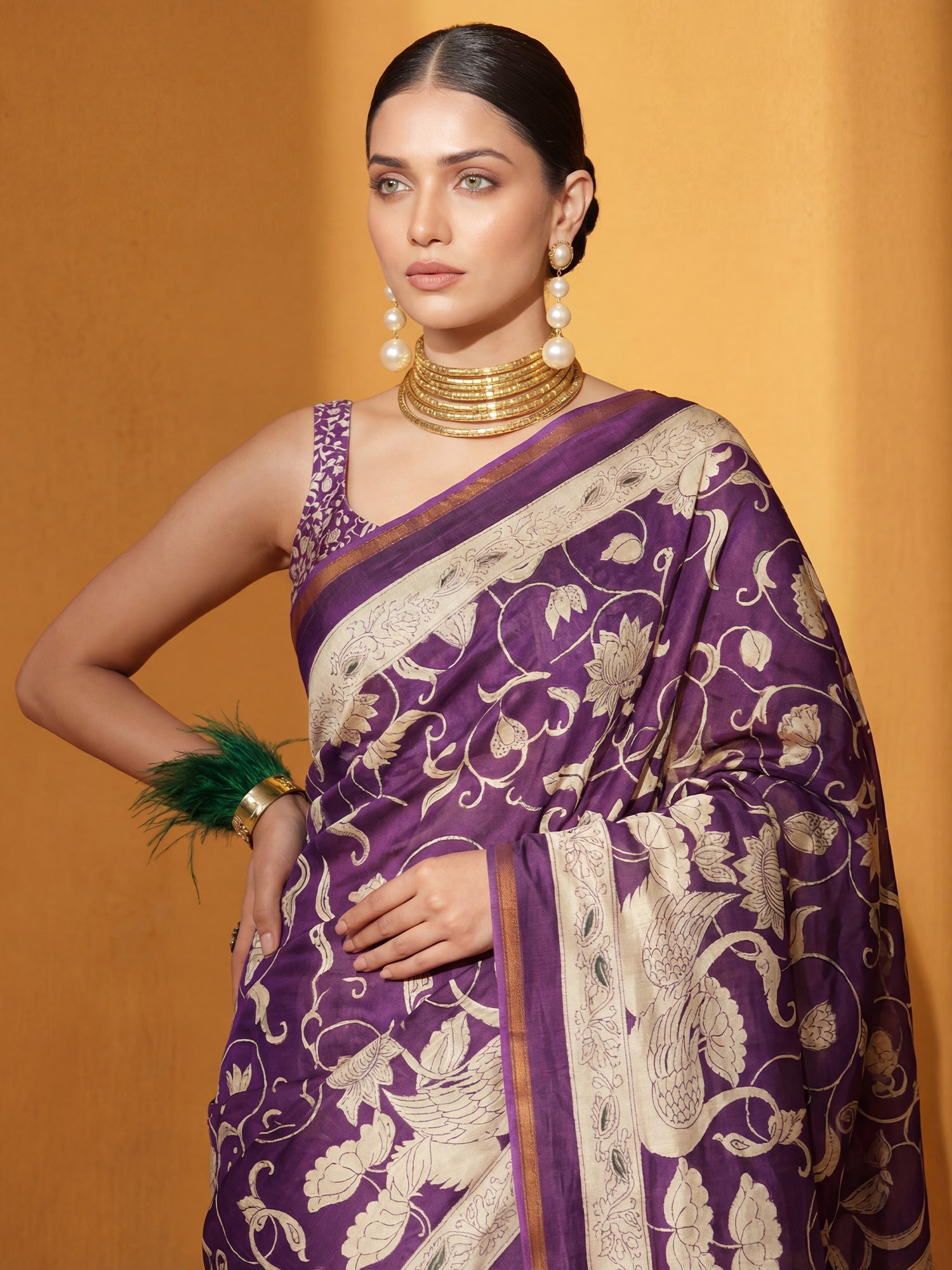 Wine Printed Cotton Blend Saree - Ressa