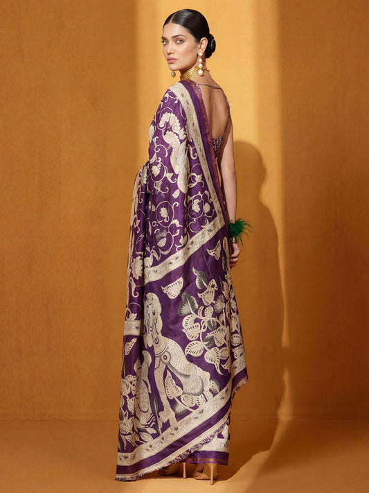 Wine Printed Cotton Blend Saree - Ressa
