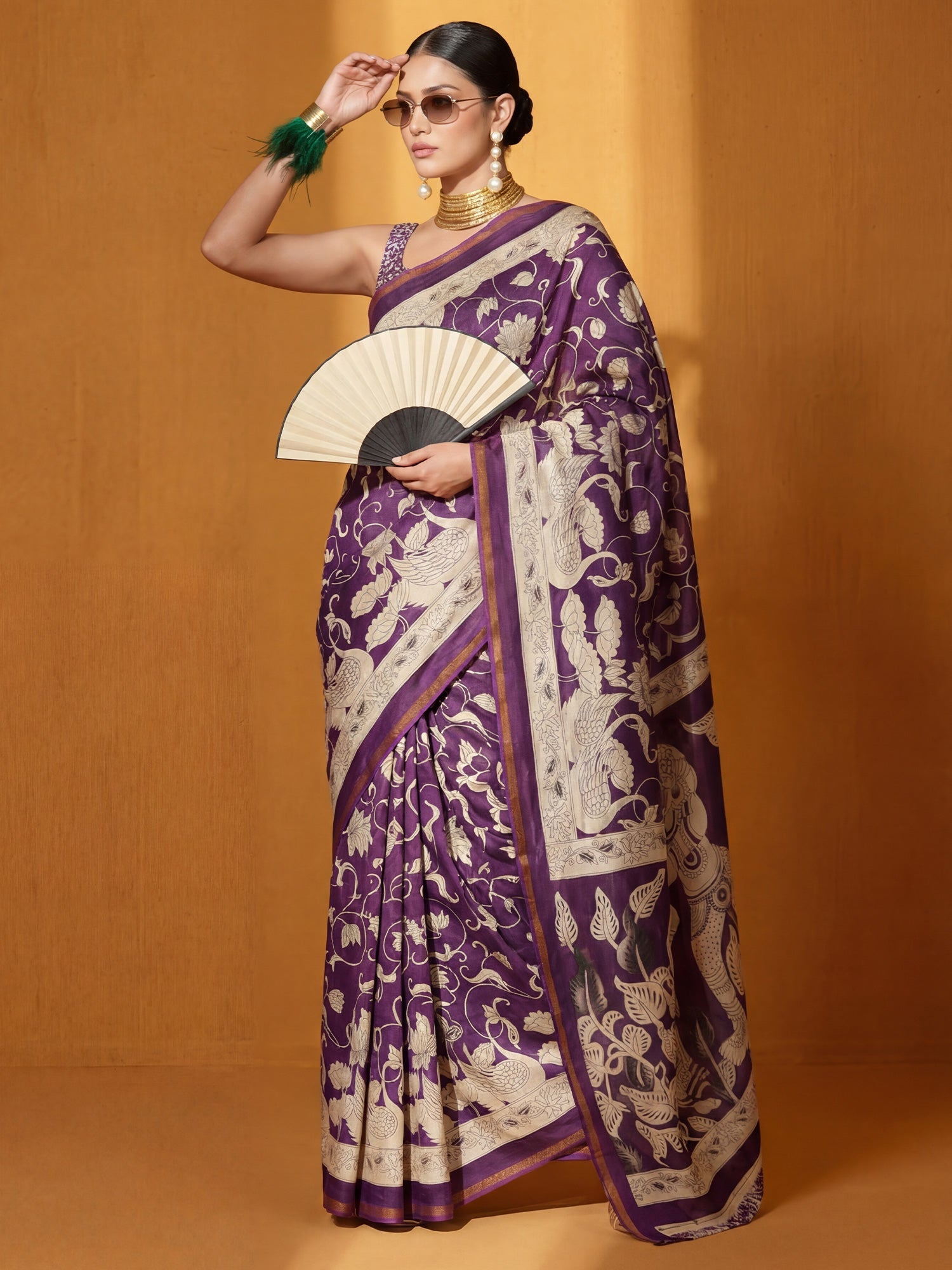 Wine Printed Cotton Blend Saree - Ressa