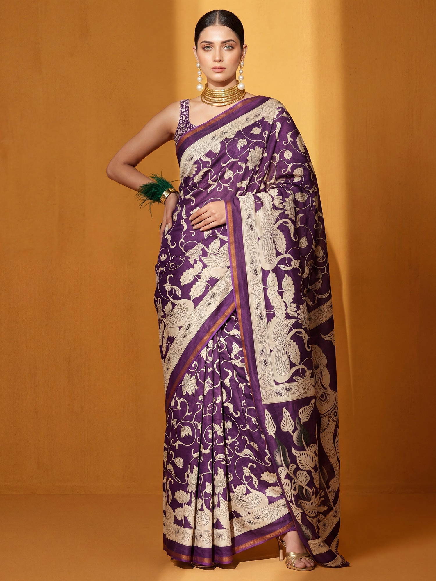 Wine Printed Cotton Blend Saree - Ressa