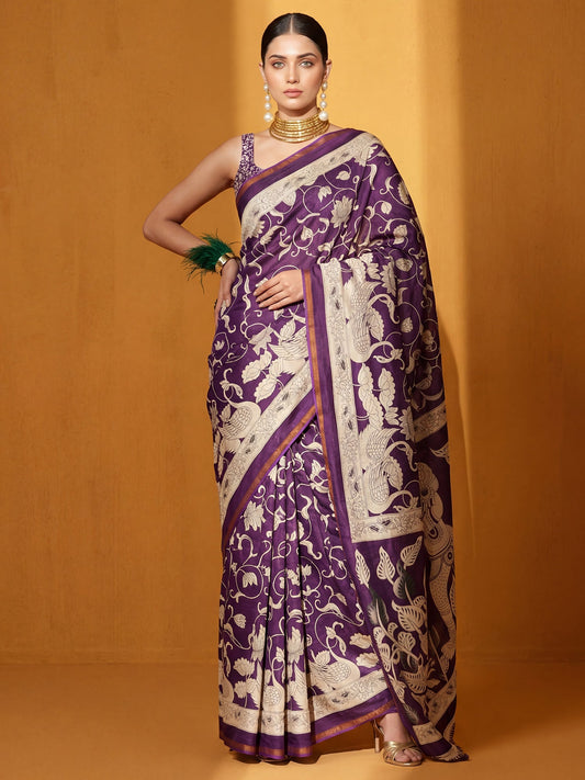 Wine Printed Cotton Blend Saree - Ressa