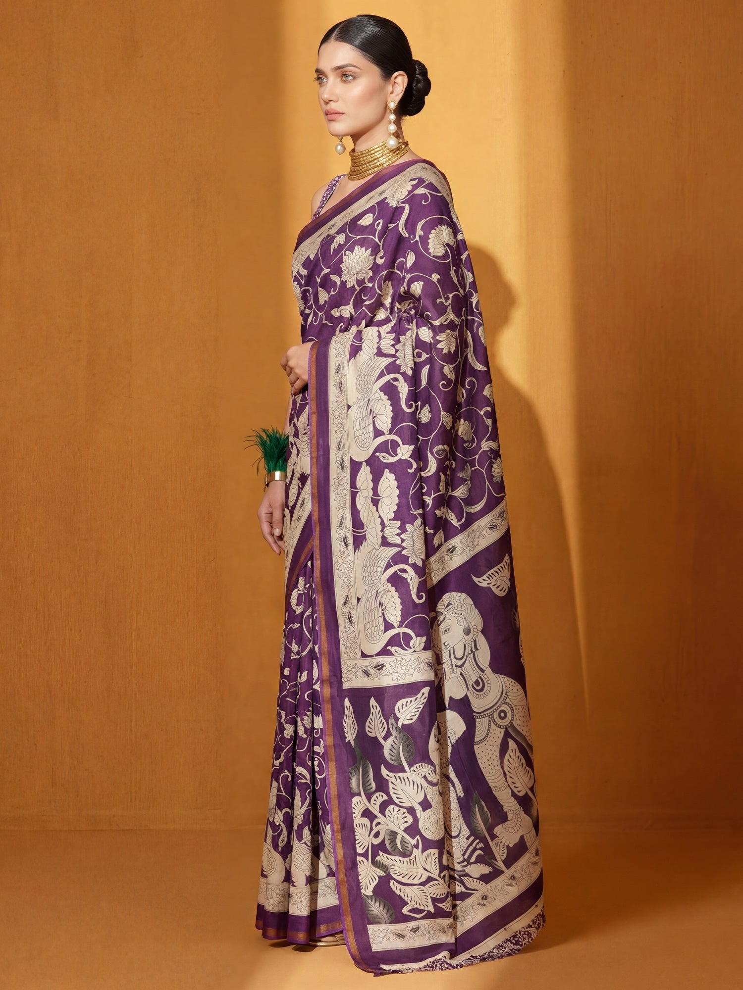 Wine Printed Cotton Blend Saree - Ressa