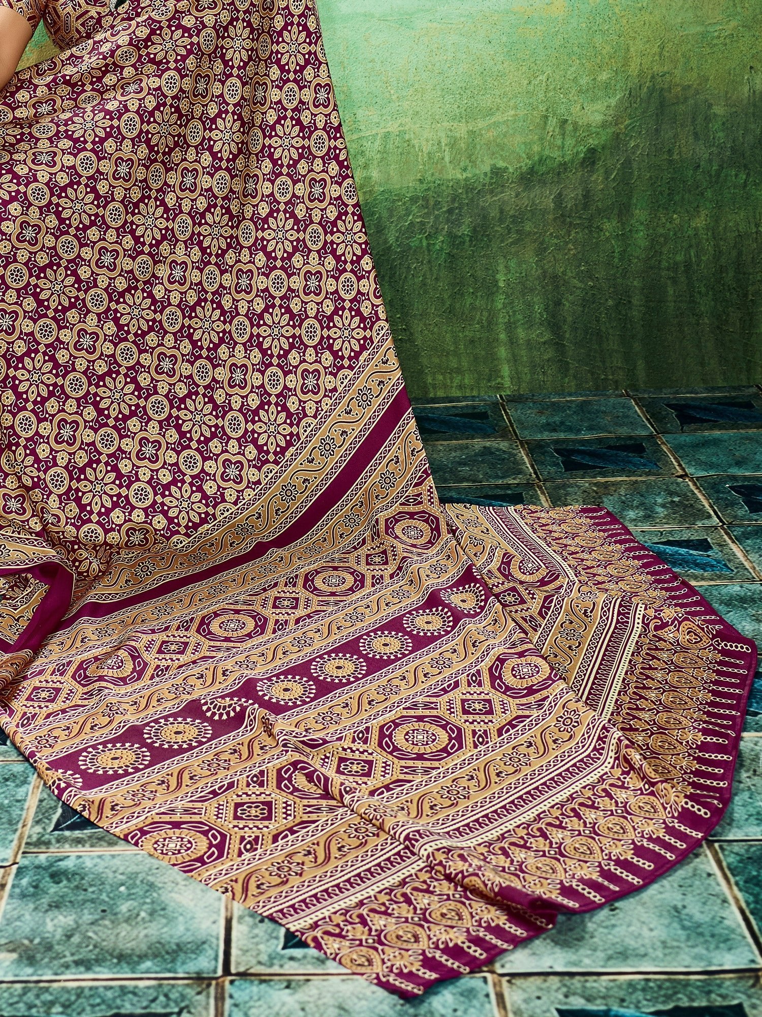 Wine Purple Ajrakh Block Printed Saree - Ressa