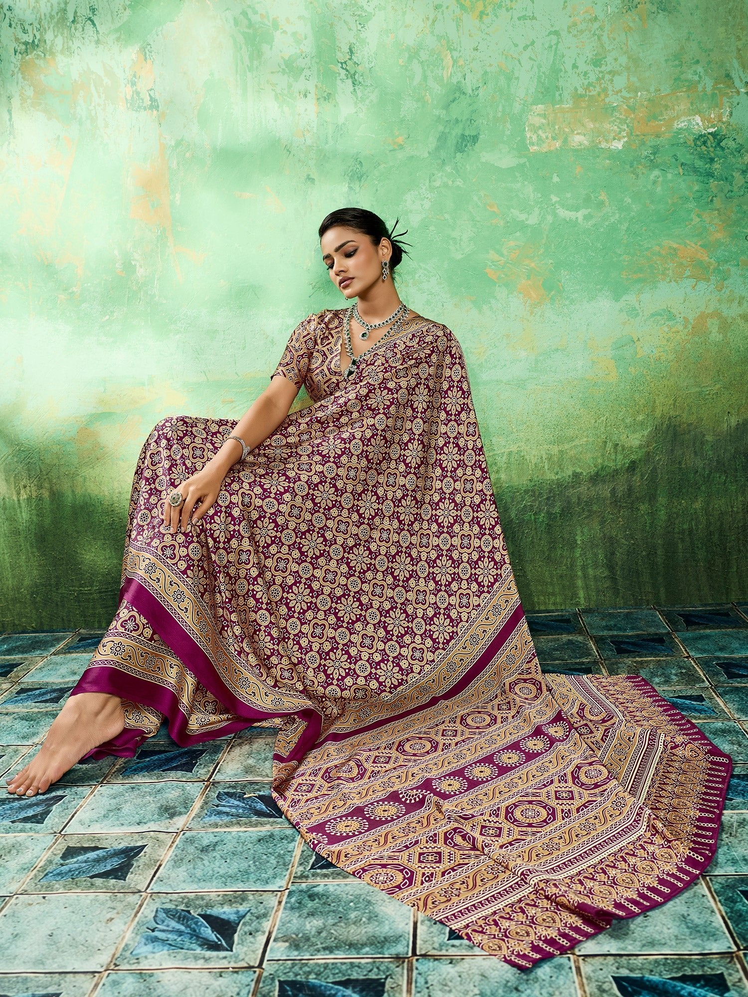Wine Purple Ajrakh Block Printed Saree - Ressa