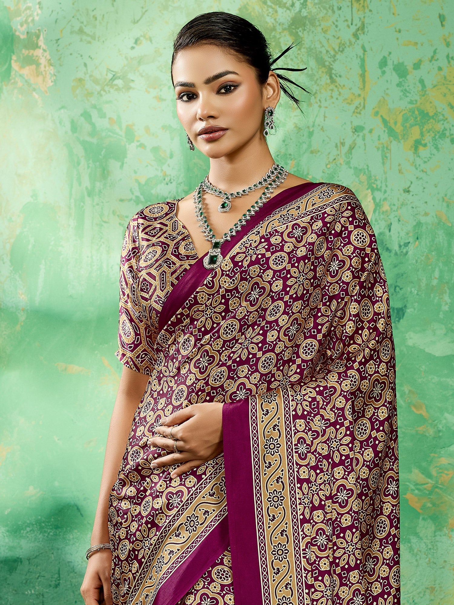 Wine Purple Ajrakh Block Printed Saree - Ressa