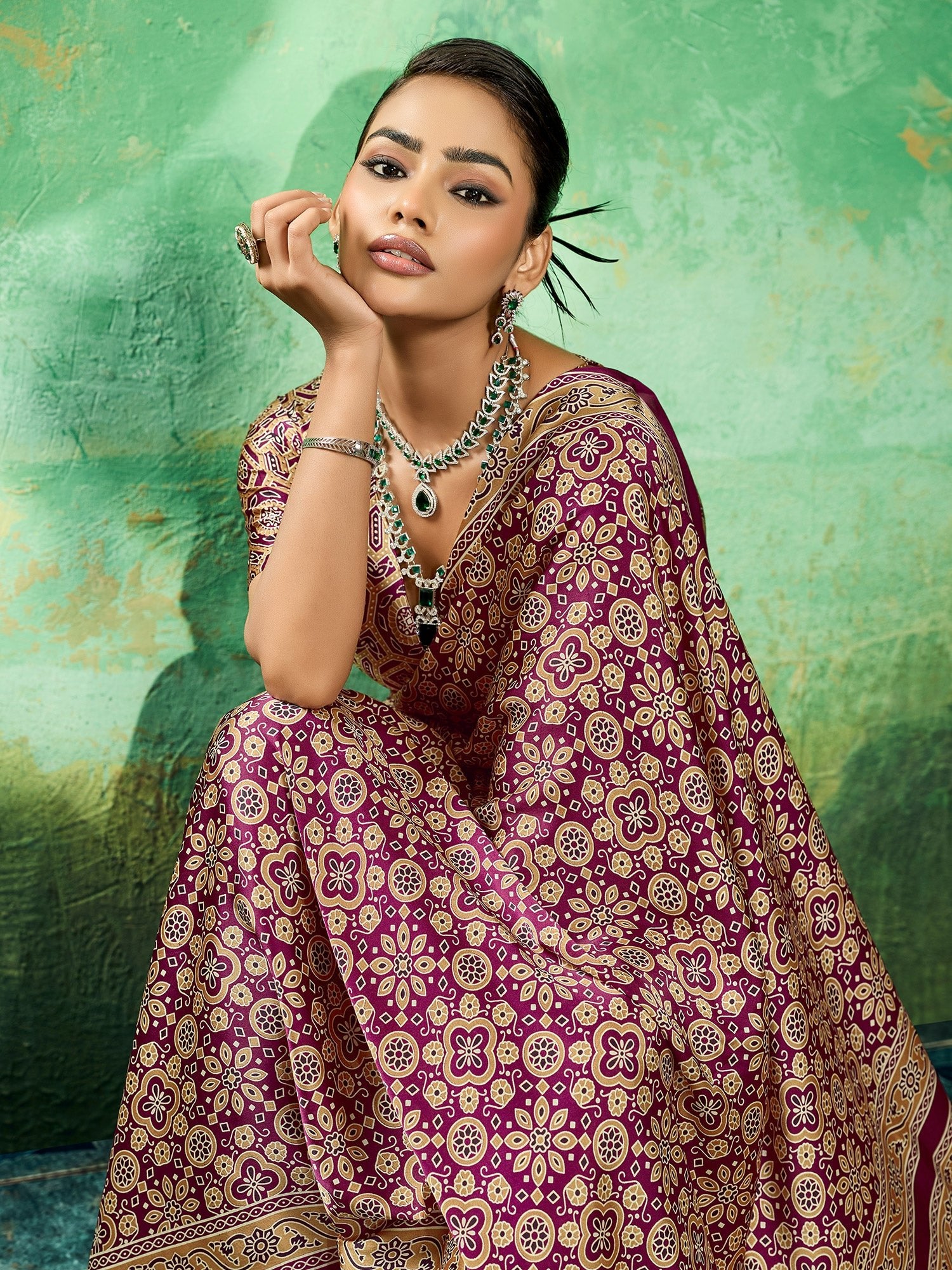 Wine Purple Ajrakh Block Printed Saree - Ressa