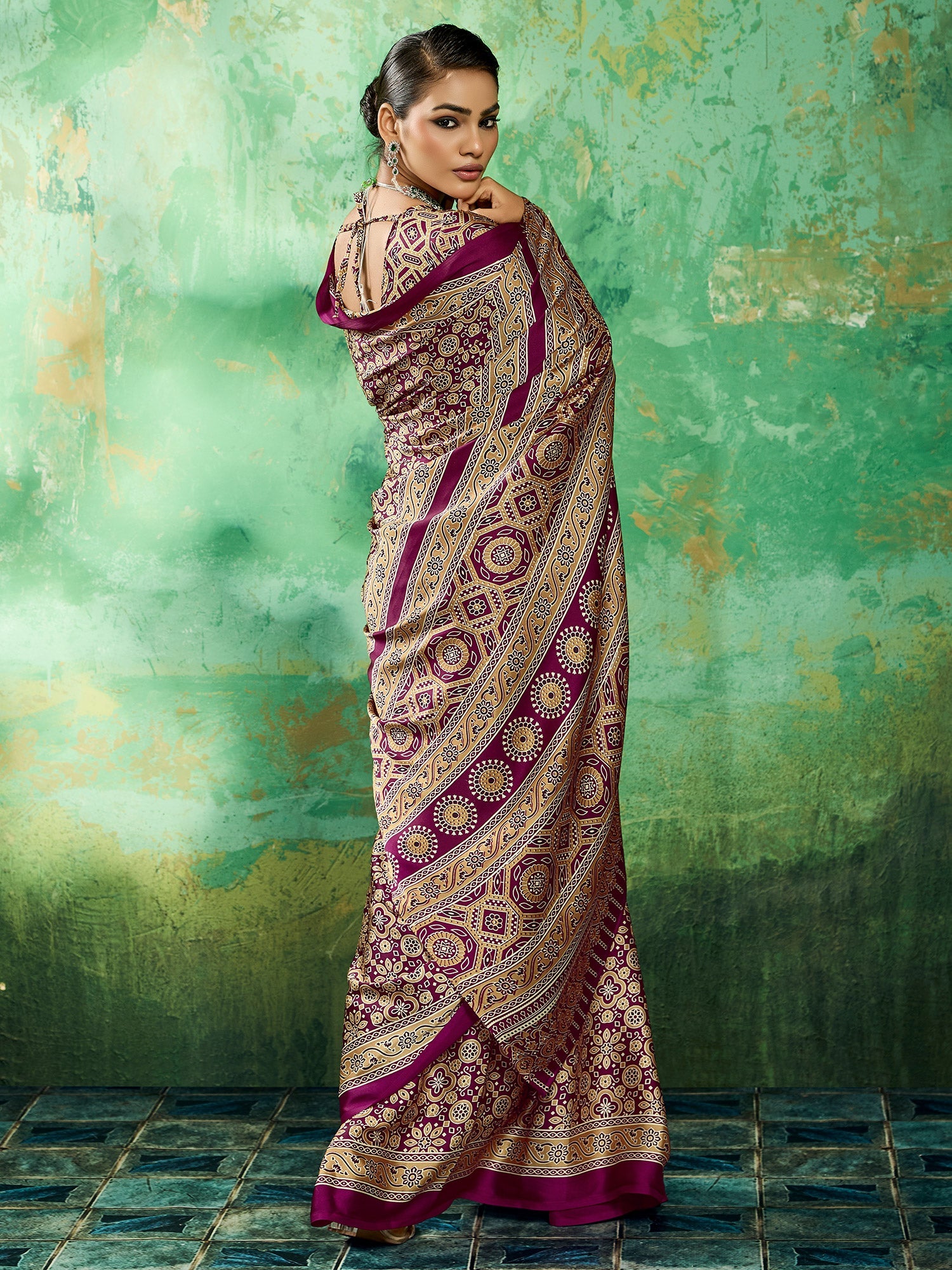 Wine Purple Ajrakh Block Printed Saree - Ressa
