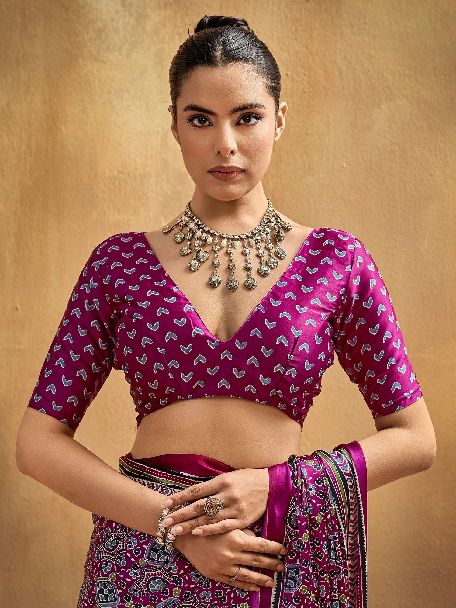 Wine Purple Ajrakh Print Satin Saree - Ressa