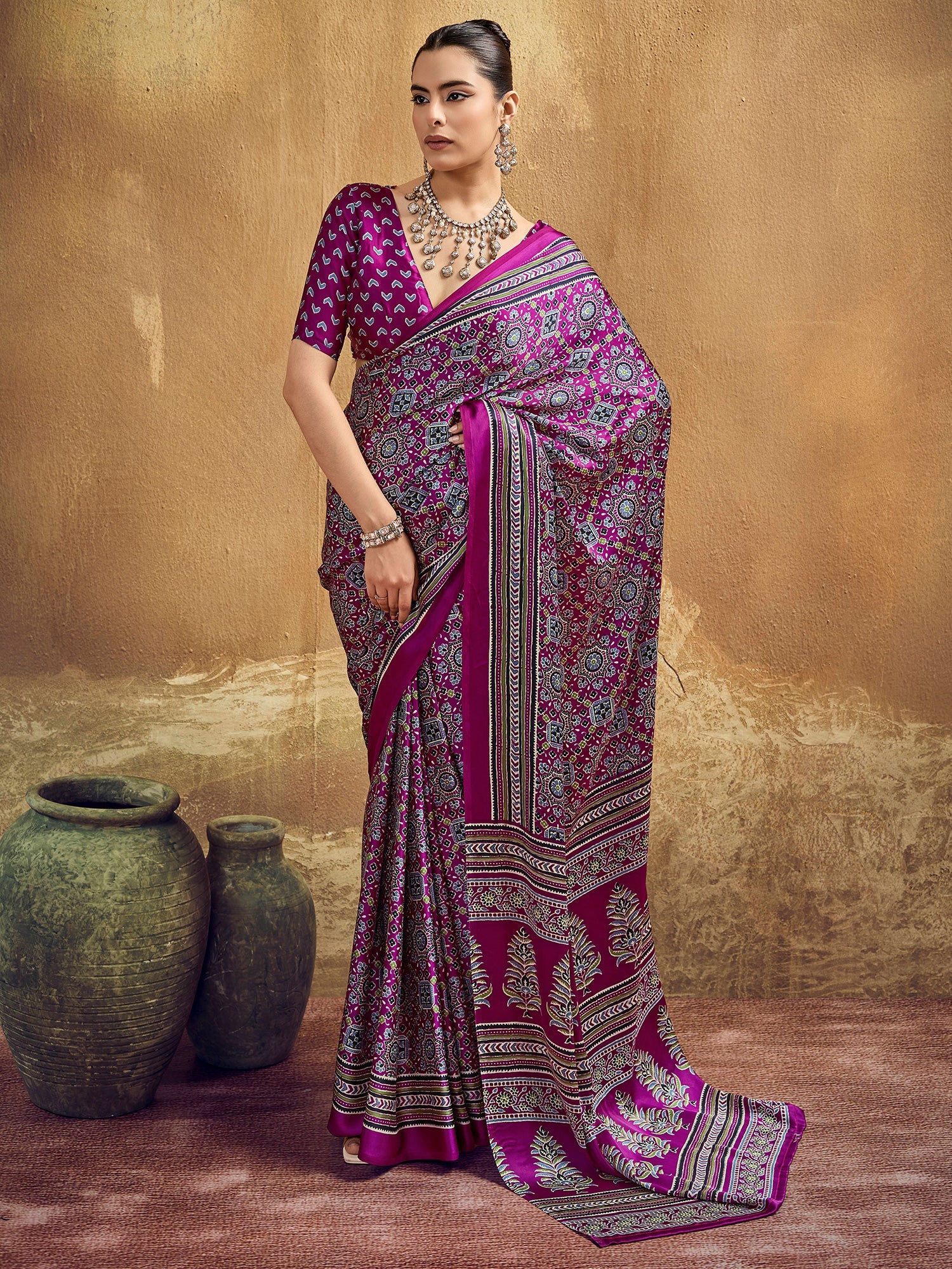 Wine Purple Ajrakh Print Satin Saree - Ressa