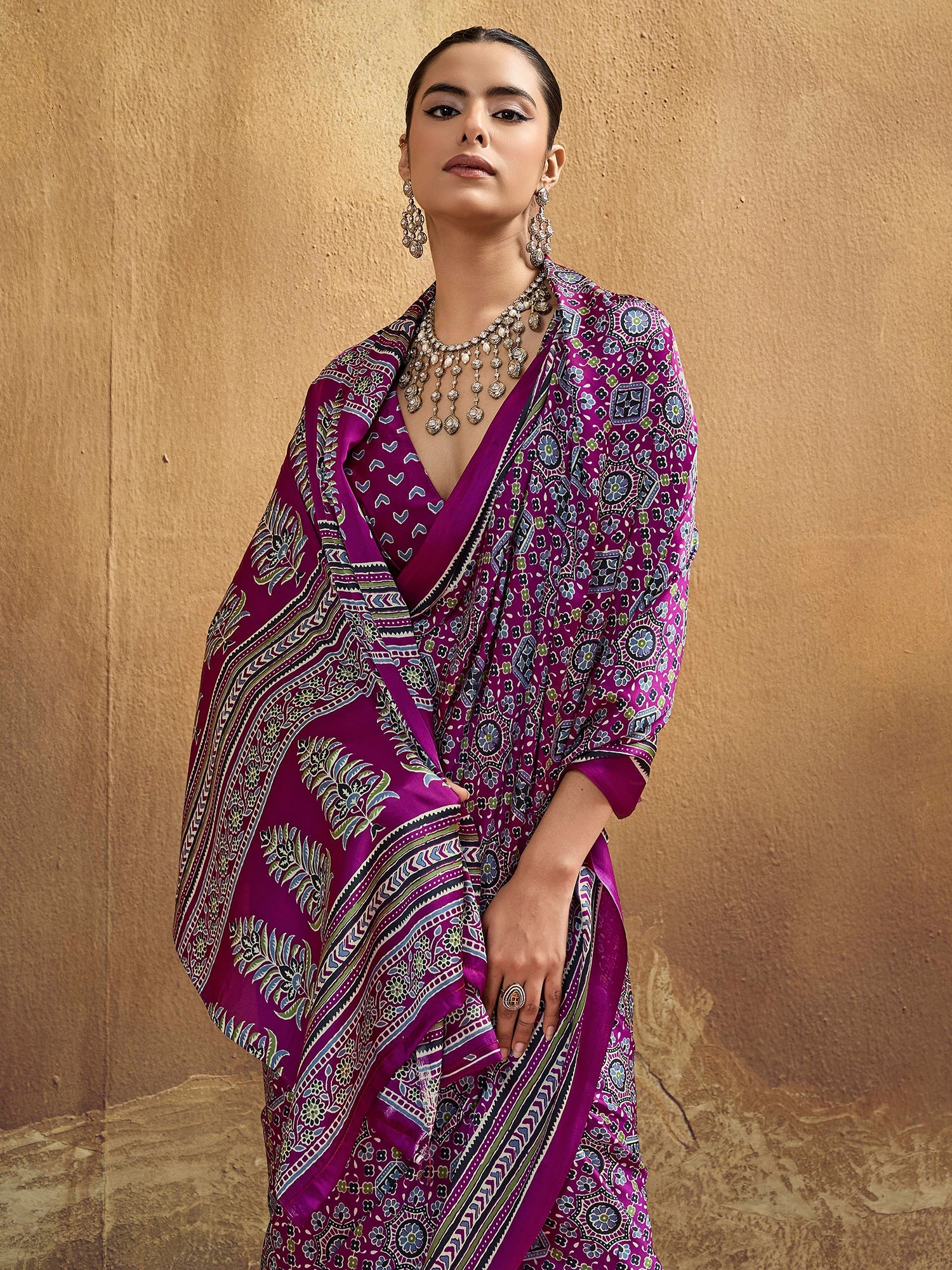 Wine Purple Ajrakh Print Satin Saree - Ressa