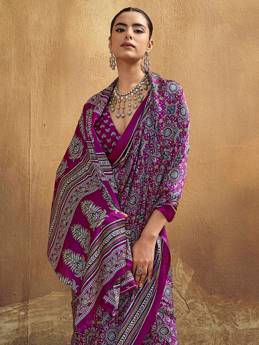 Wine Purple Ajrakh Print Satin Saree - Ressa