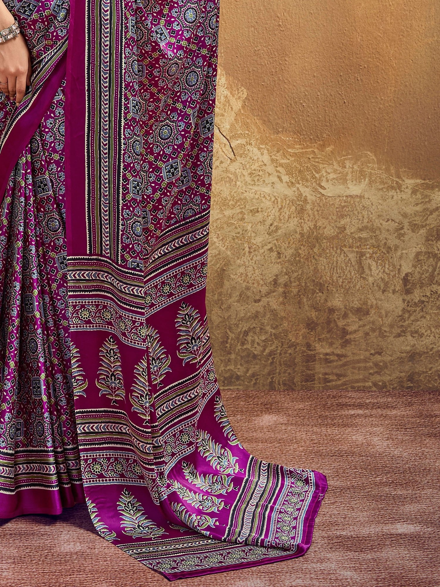 Wine Purple Ajrakh Print Satin Saree - Ressa