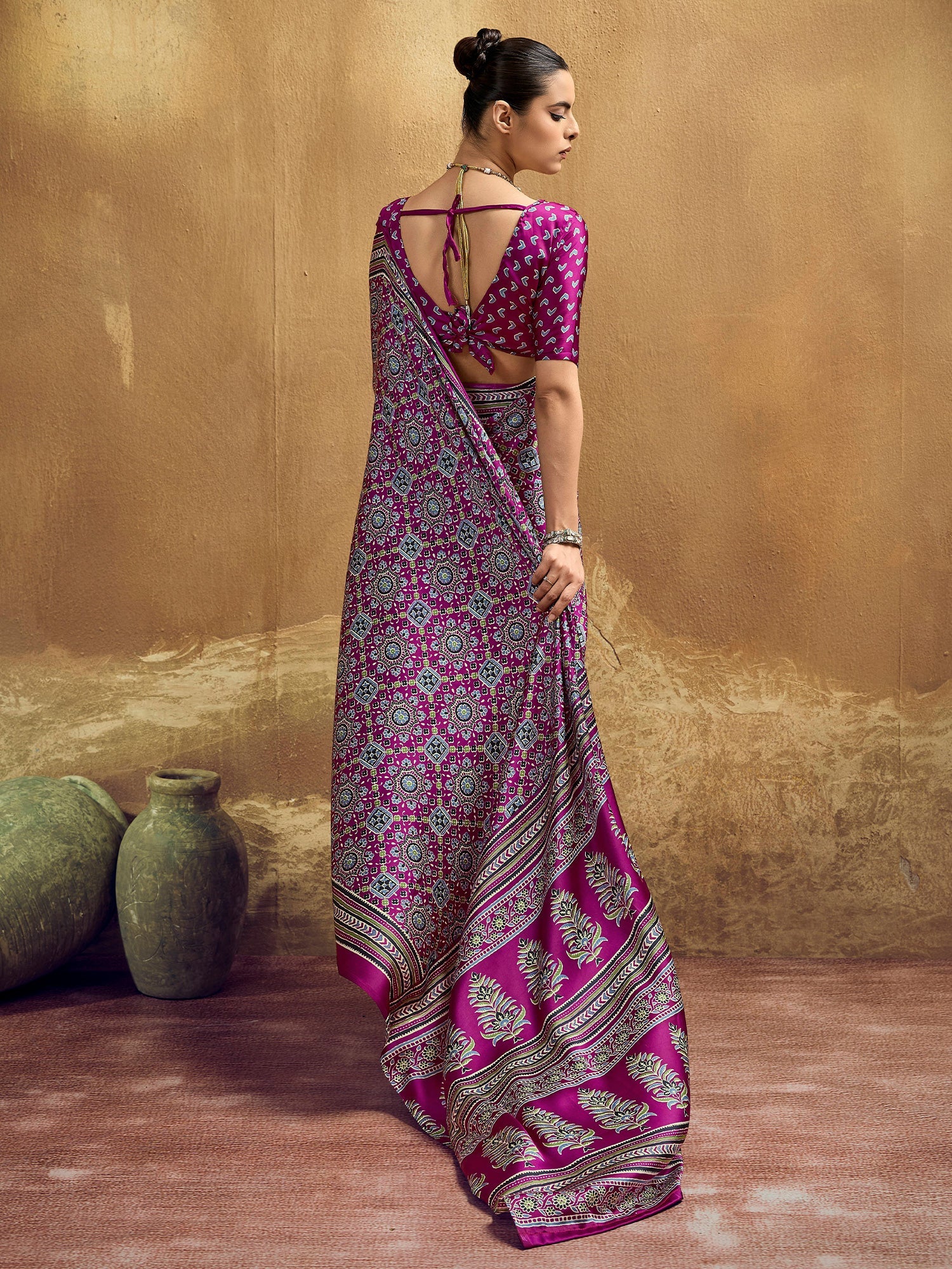 Wine Purple Ajrakh Print Satin Saree - Ressa