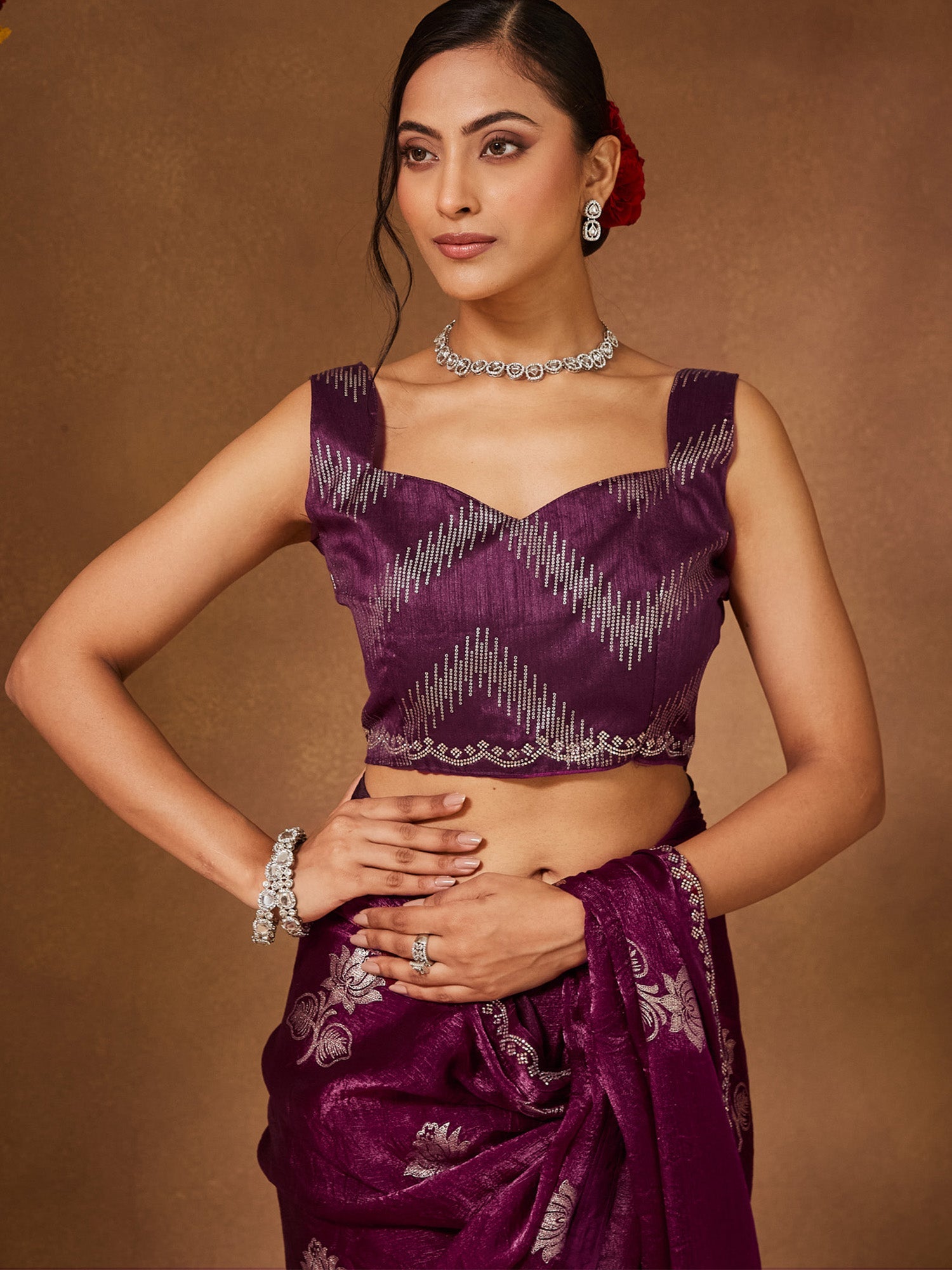 Wine Purple Embroidered Georgette Saree - Ressa