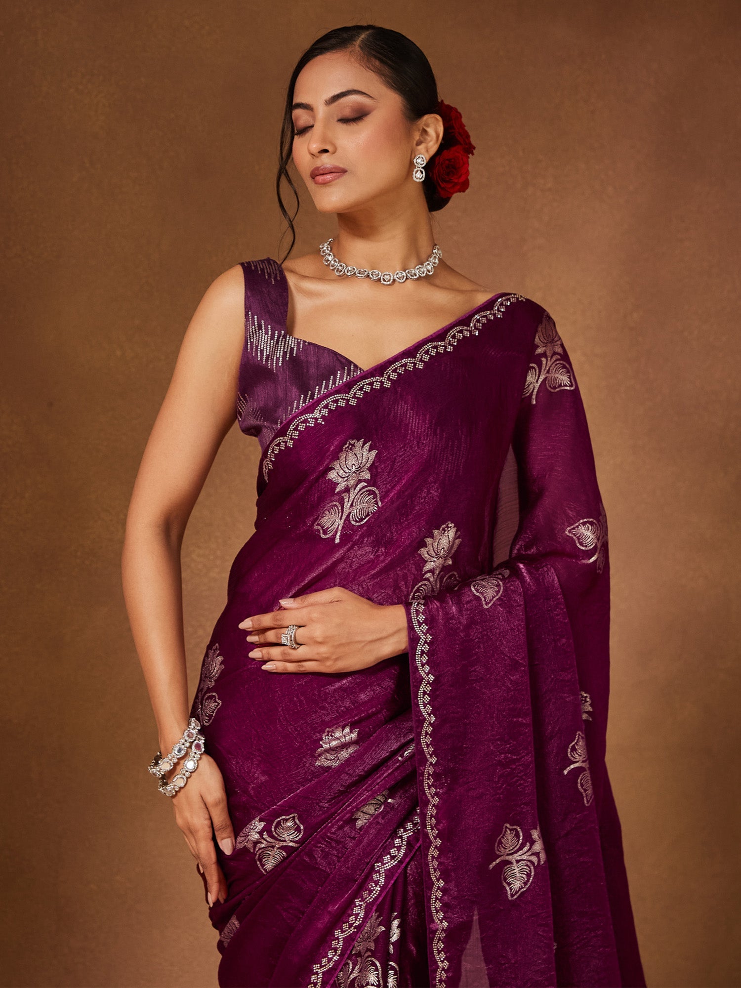 Wine Purple Embroidered Georgette Saree - Ressa