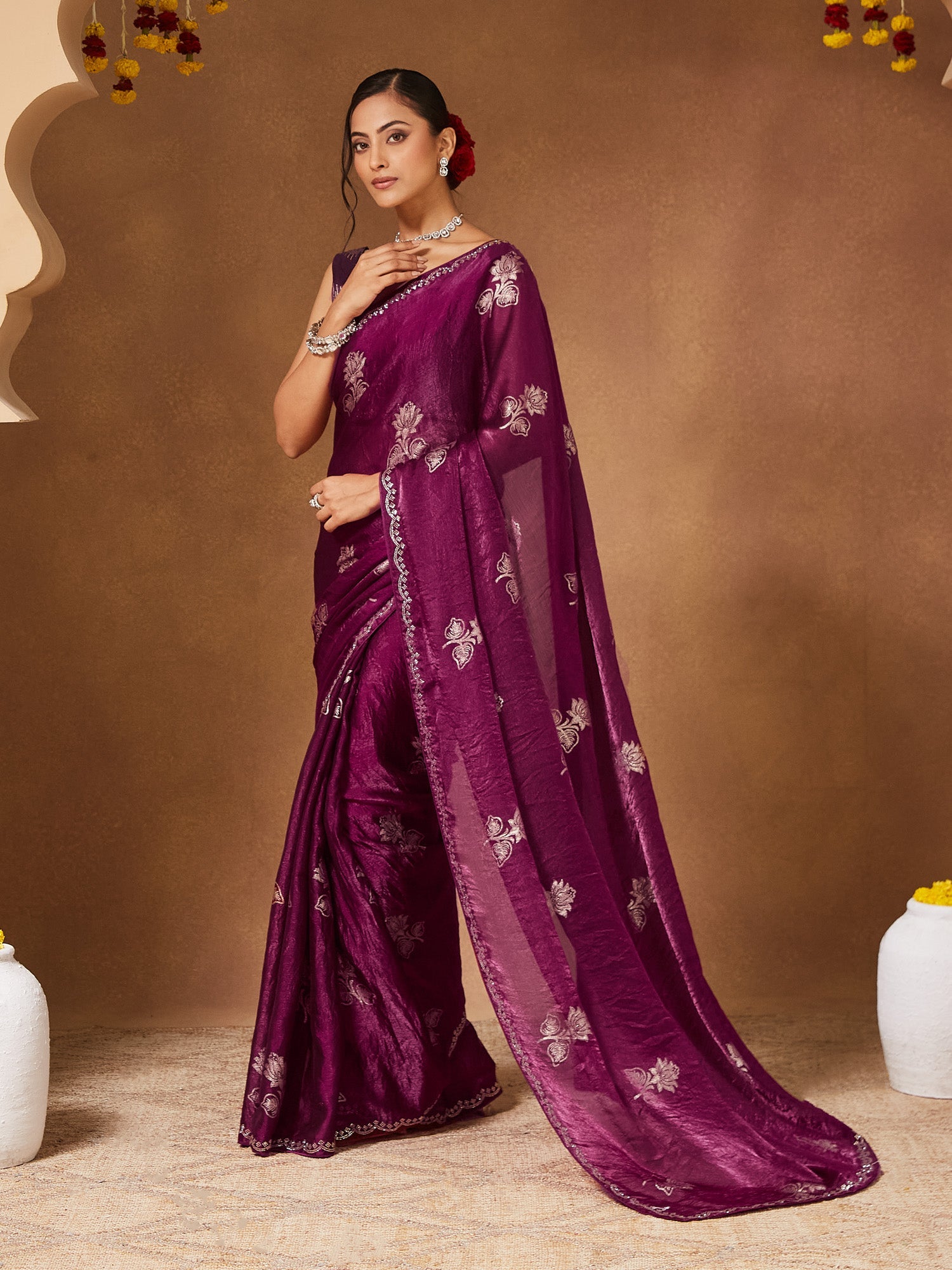 Wine Purple Embroidered Georgette Saree - Ressa