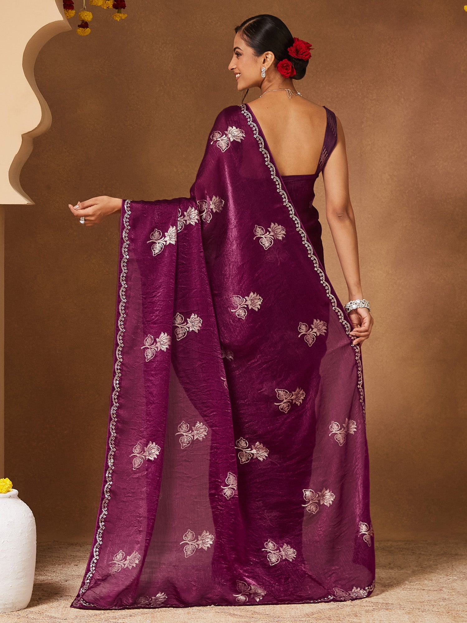 Wine Purple Embroidered Georgette Saree - Ressa
