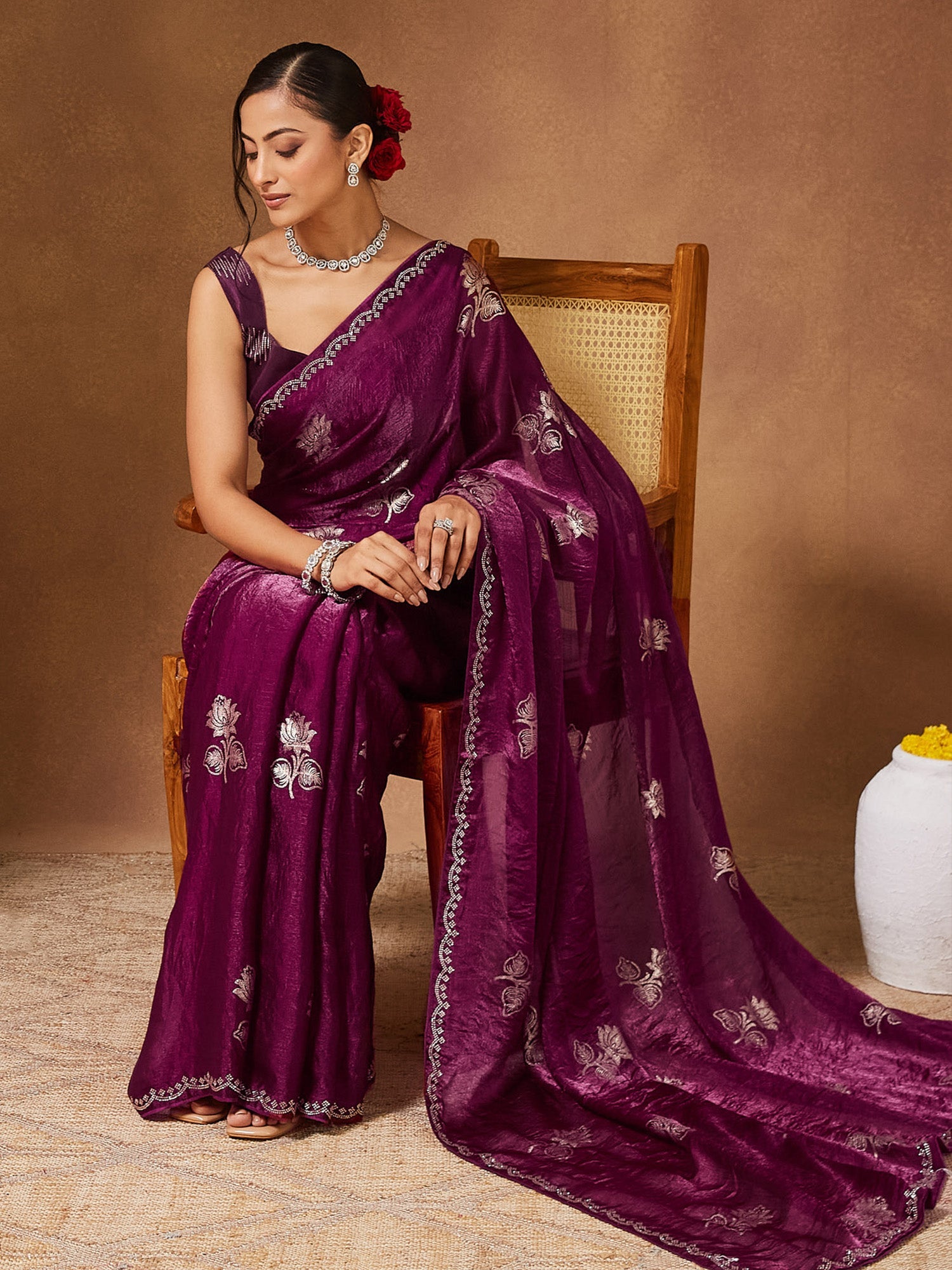 Wine Purple Embroidered Georgette Saree - Ressa