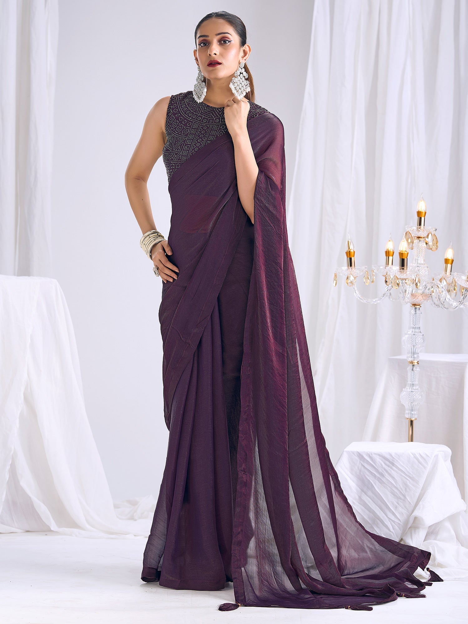 Wine Purple Georgette Saree with Bandhani Blouse - Ressa
