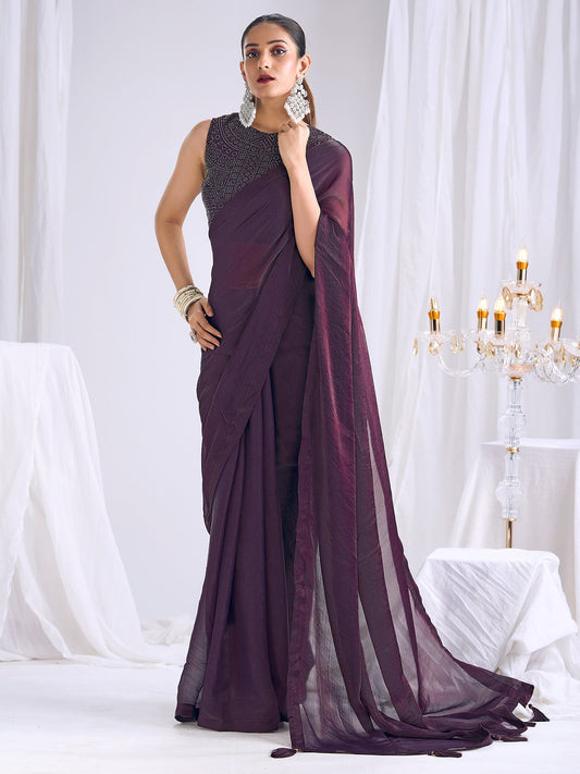 Wine Purple Georgette Saree with Bandhani Blouse - Ressa